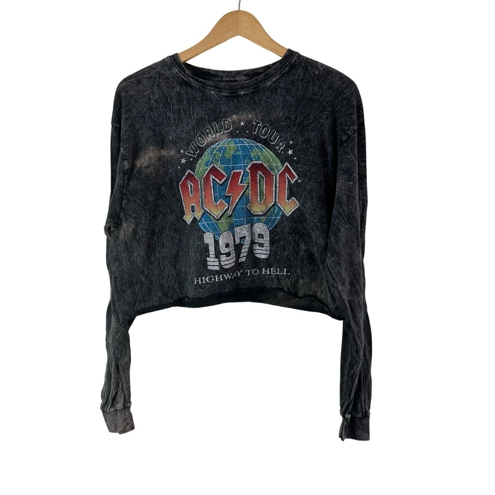 AC/DC Highway to Hell Crop Tee Shirt 2021 Medium/Large Burnout Gray L/S Womens